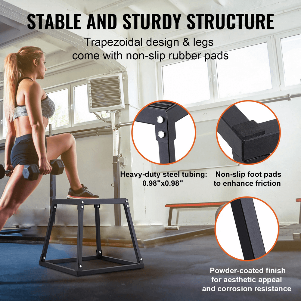 Woman using Steel Plyometric Jump Box in gym; highlights non-slip pads and durable steel structure for safe exercise.